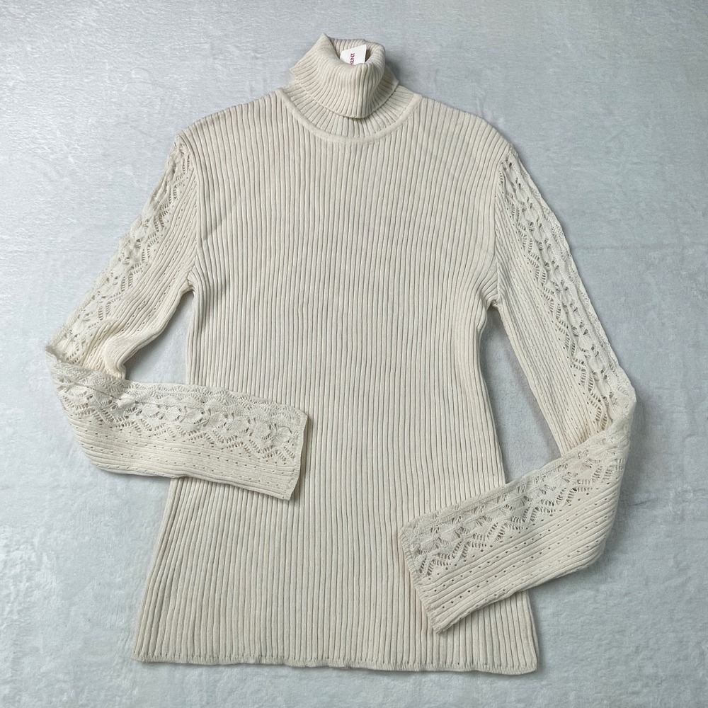 Antonella Turtleneck Sweater Women XL Cream NEW Merino Wool Lace Sleeve Italy